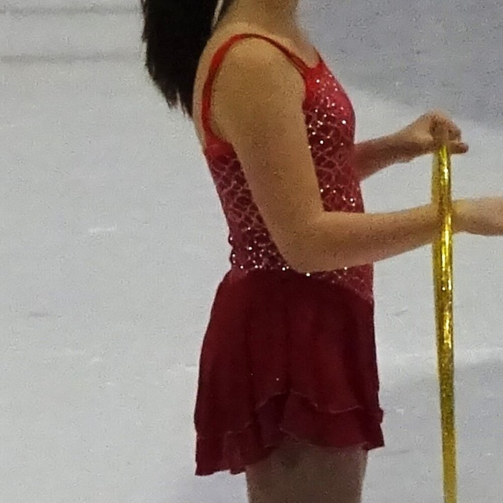 Red Figure Skating Costume with Silver Accents.Matching hair tie/ribbon included